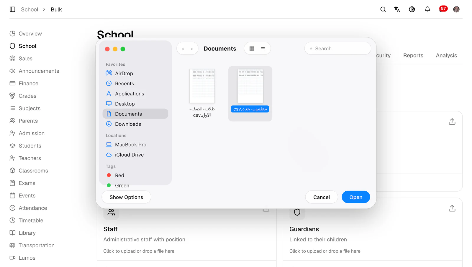Picking the teachers file in Finder