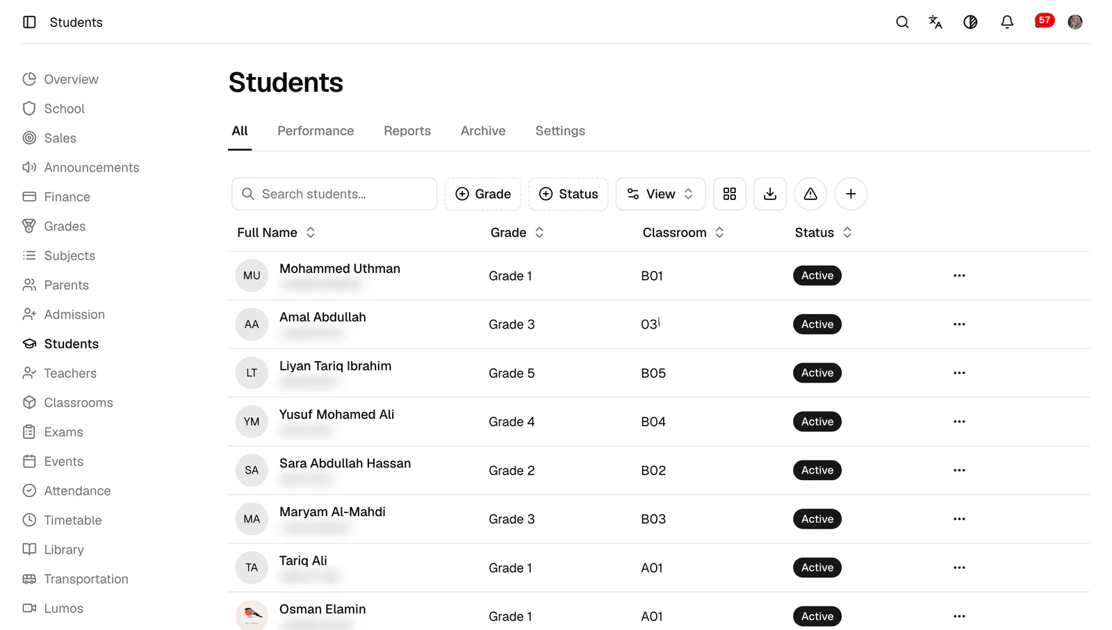 The students list before adding