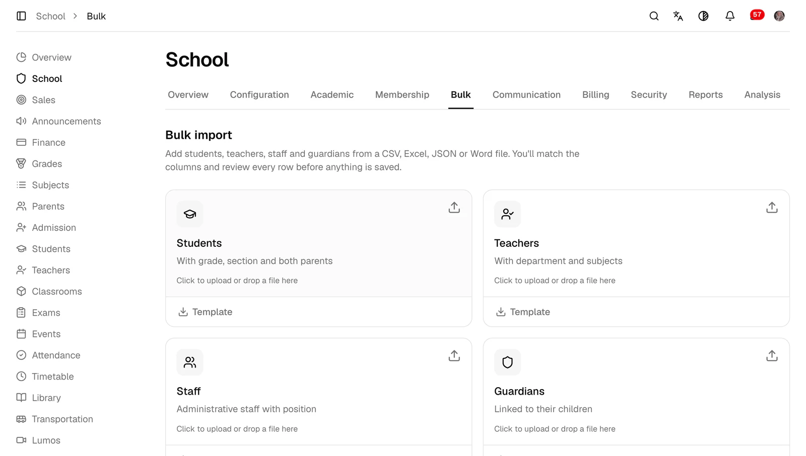 The bulk import page