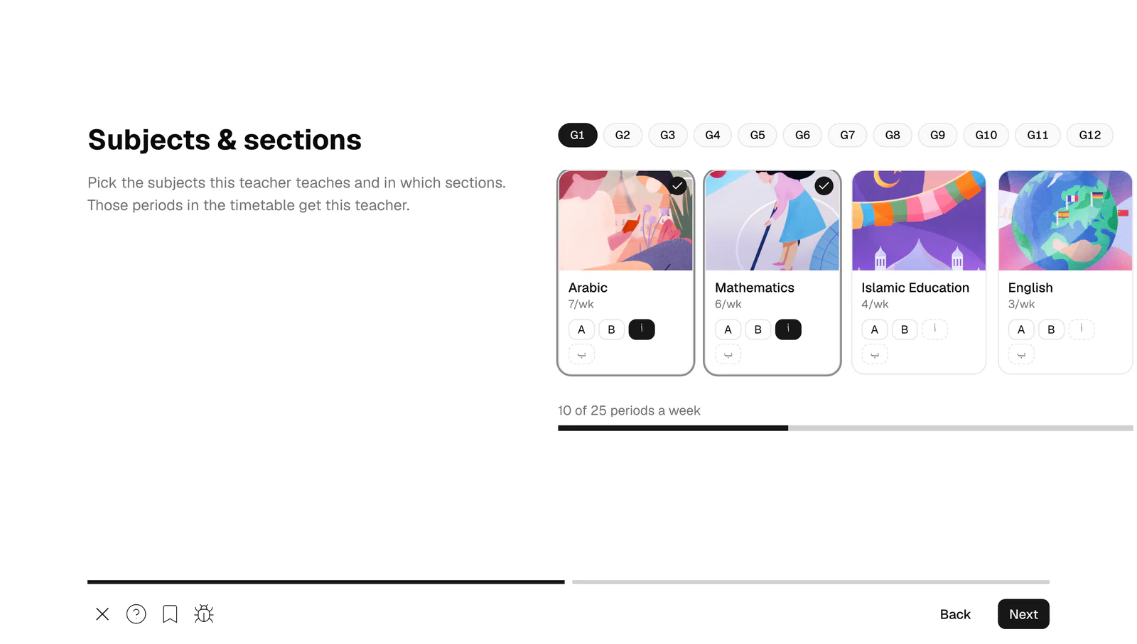 Subjects and sections picked